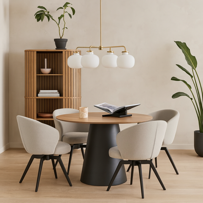 Auckland 120cm Dining Set Natural Oak Effect and Black Round Dining Table + 4 Beige Dining Chair