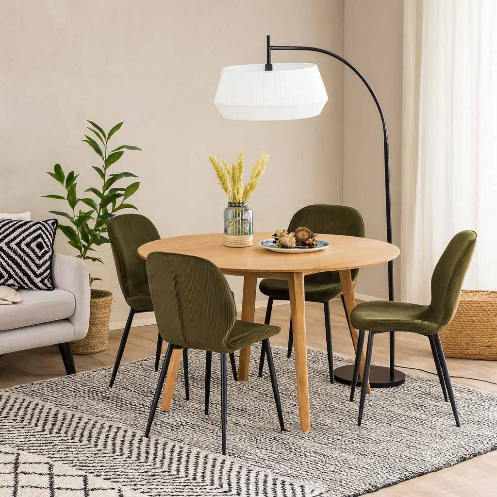 Debrecen Solid Oak and Olive Green Round Dining Table + 4 Dining Chairs