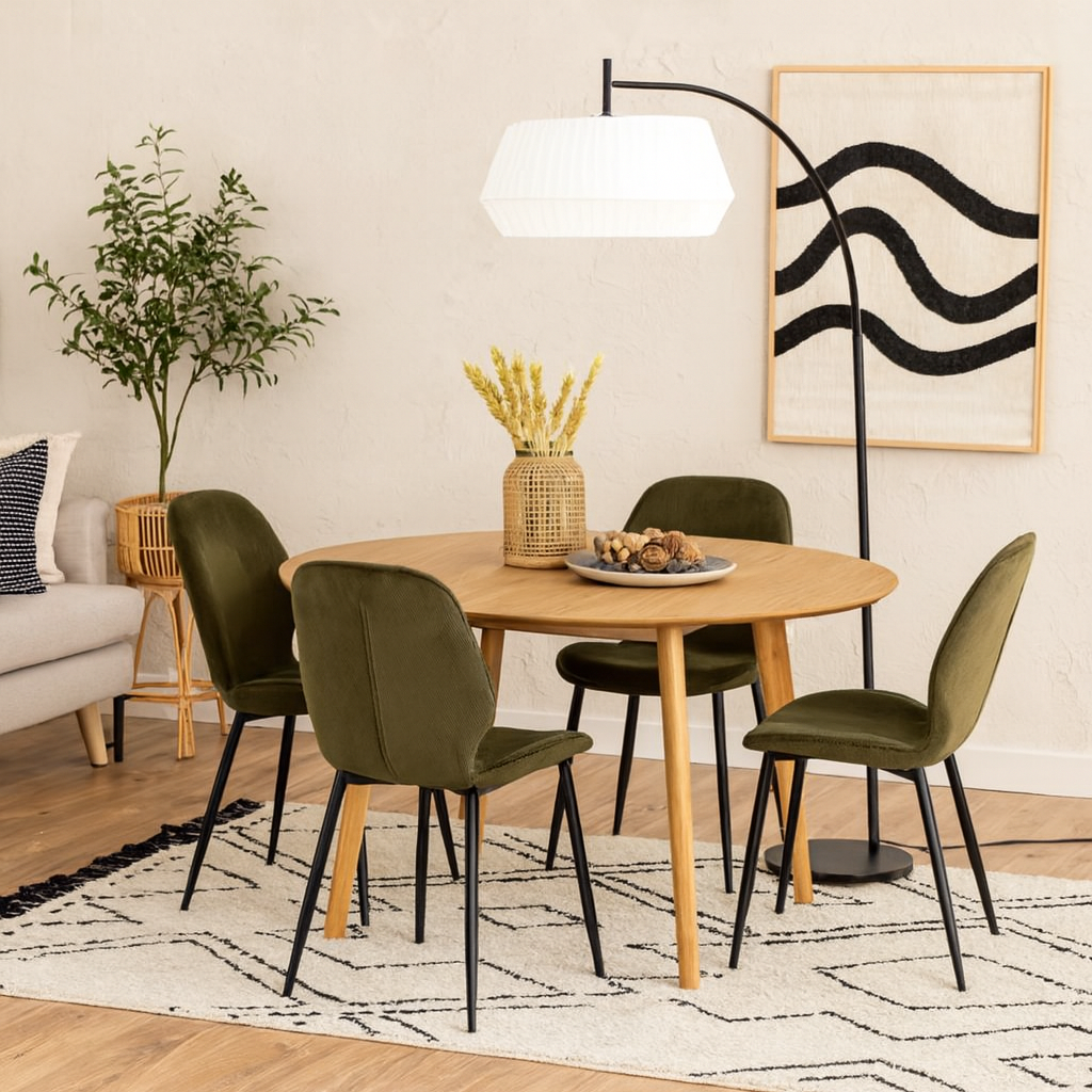 Debrecen Solid Oak and Olive Green Round Dining Table + 4 Dining Chairs