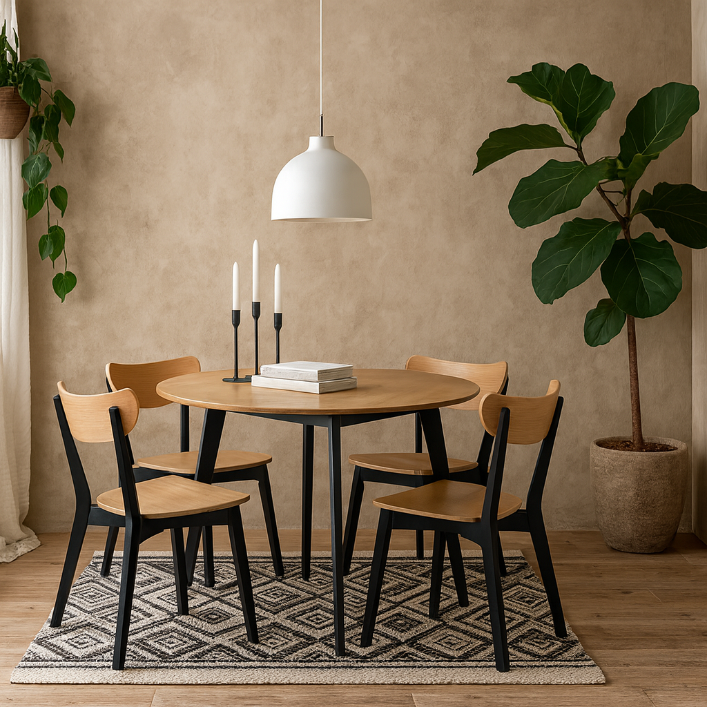 Krakow Dining Set Natural Oak Effect and Black Round Dining Table + 4 Dining Chairs