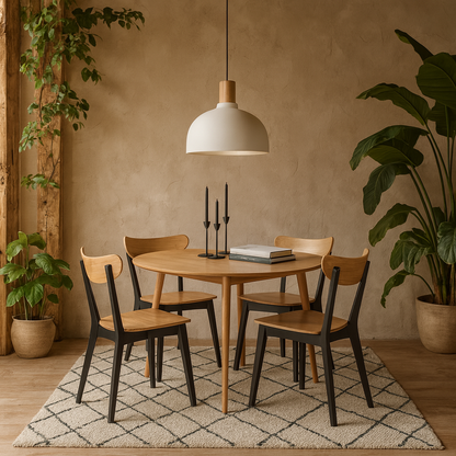 Krakow Dining Set Natural Oak Effect and Black Round Dining Table + 4 Dining Chairs
