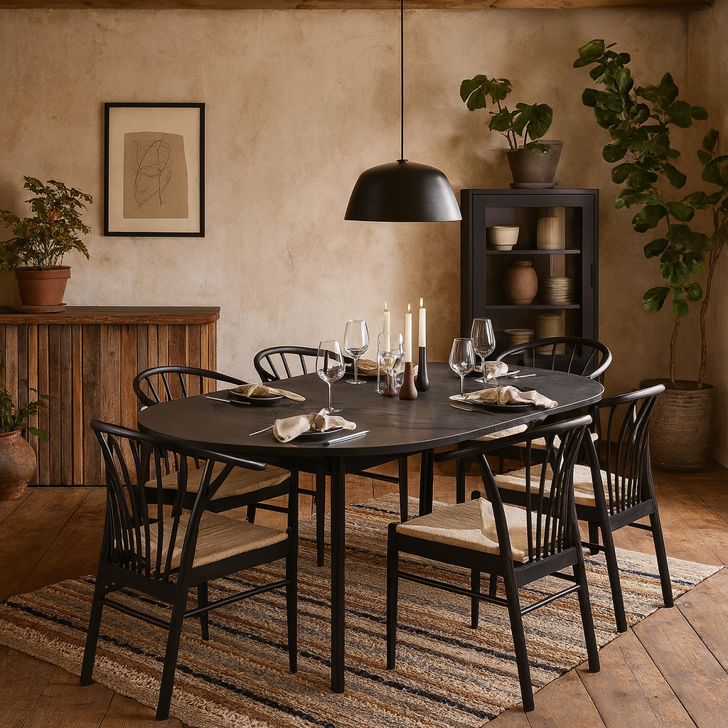 Krakow Dining Set Black Round Extending Dining Table + 6 Dining Chairs