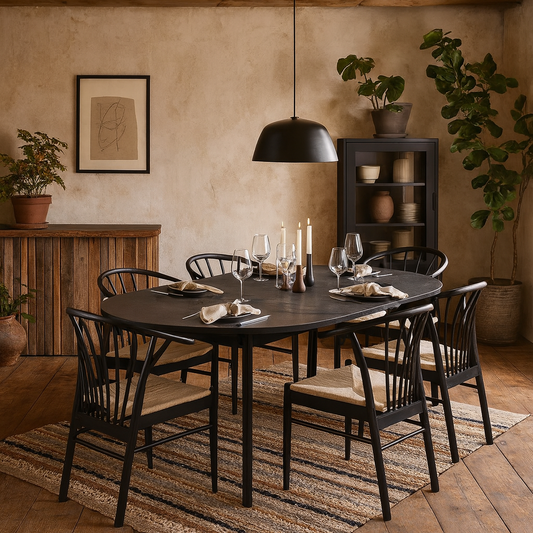 Krakow Dining Set Black Round Extending Dining Table + 6 Dining Chairs