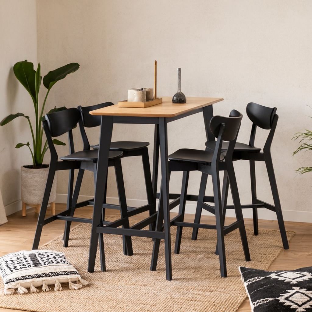 Krakow Bar Dining Set Natural Oak Effect and Black Rectangular Dining Table + 4 Bar Stools