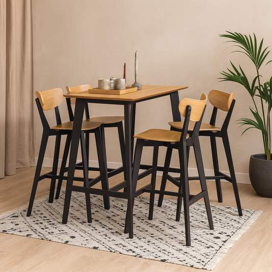 Krakow Bar Dining Set Natural Oak Effect and Black Rectangular Bar Table + 4 Bar Stools