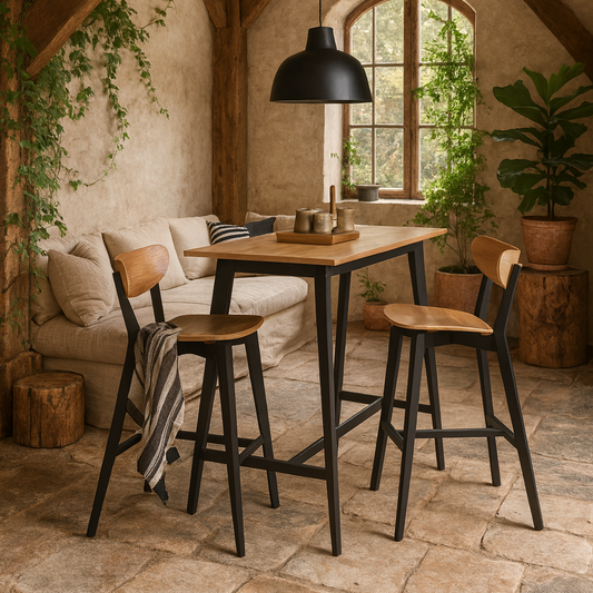 Krakow Bar Dining Set Natural Oak Effect and Black  Rectangular Bar Table + 2 Bar Stools