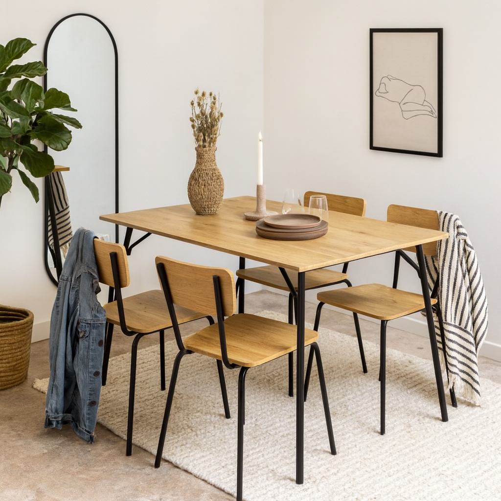 Belgrade Dining Set Natural Oak and Black Dining Table + 4 Dining Chairs