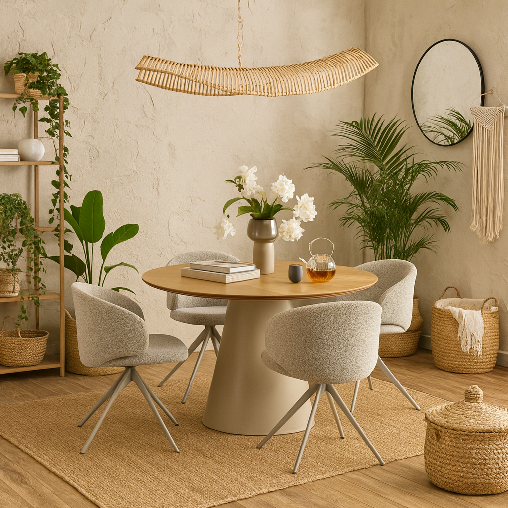 Auckland 120cm Dining Set Natural Oak Effect and Grey Round Dining Table + 4 Beige Dining Chair