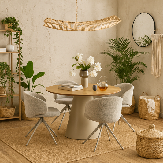Auckland 120cm Dining Set Natural Oak Effect and Grey Round Dining Table + 4 Beige Dining Chair