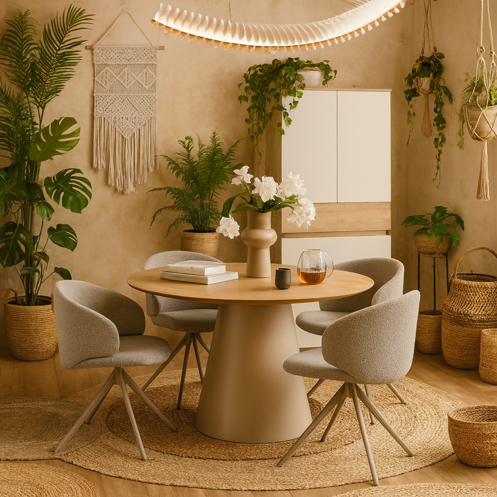 Auckland 120cm Dining Set Natural Oak Effect and Grey Round Dining Table + 4 Beige Dining Chair