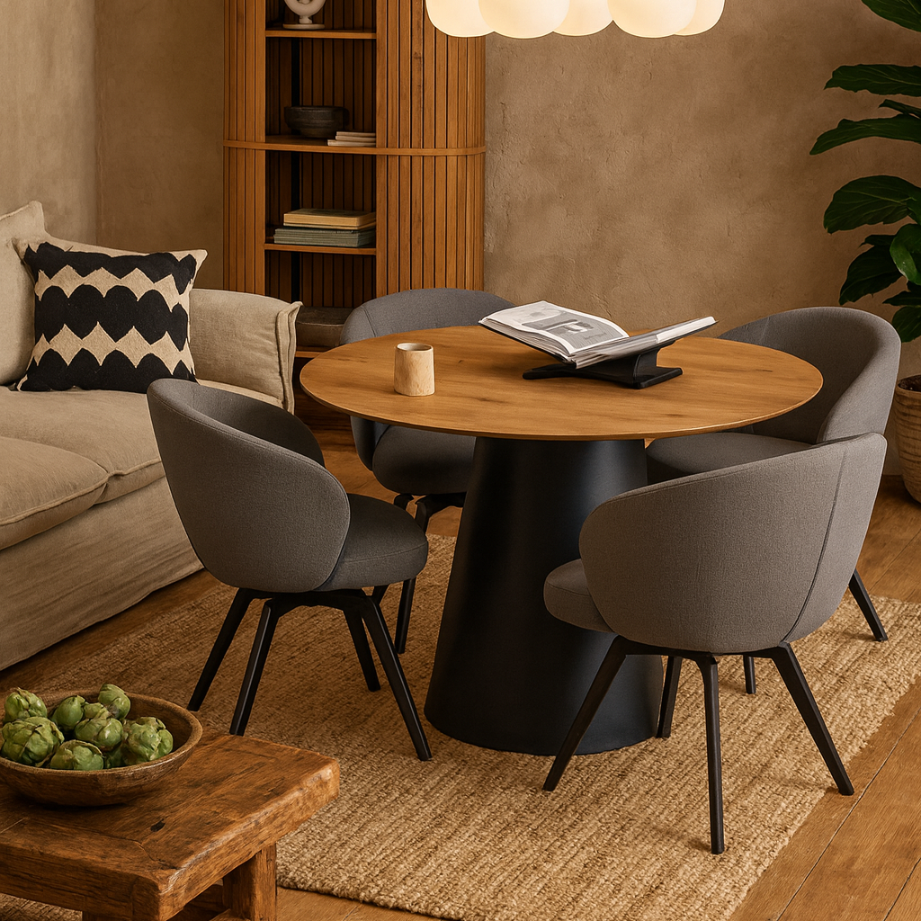 Auckland 120cm Dining Set Natural Oak Effect and Black Round Dining Table + 4 Grey Dining Chair