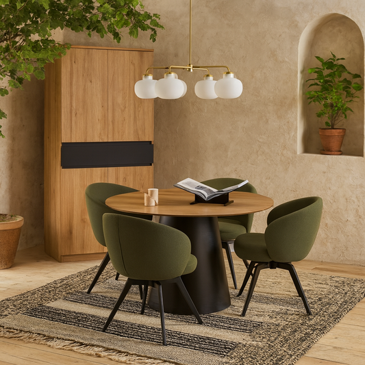 Auckland 120cm Dining Set Natural Oak Effect and Black Round Dining Table + 4 Green Dining Chair
