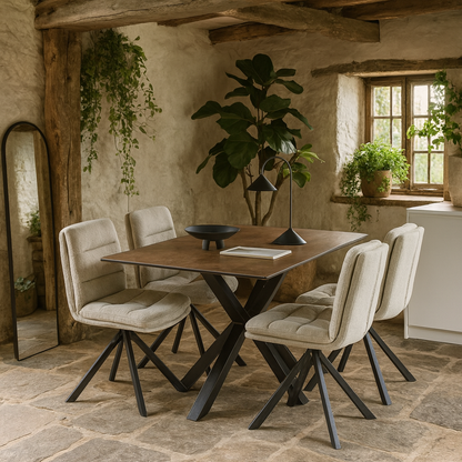 Perth Dining Set 4 Seater Ceramic Rusty Brown Dining Table + 4 Beige Dining Chairs