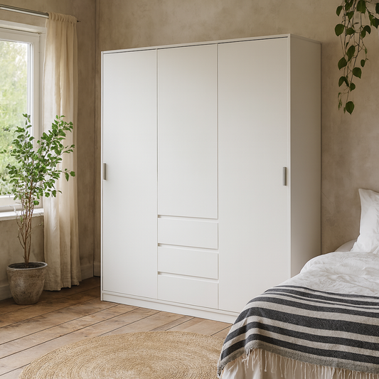 Budapest White Wooden Wardrobe 3 Doors 3 Drawers