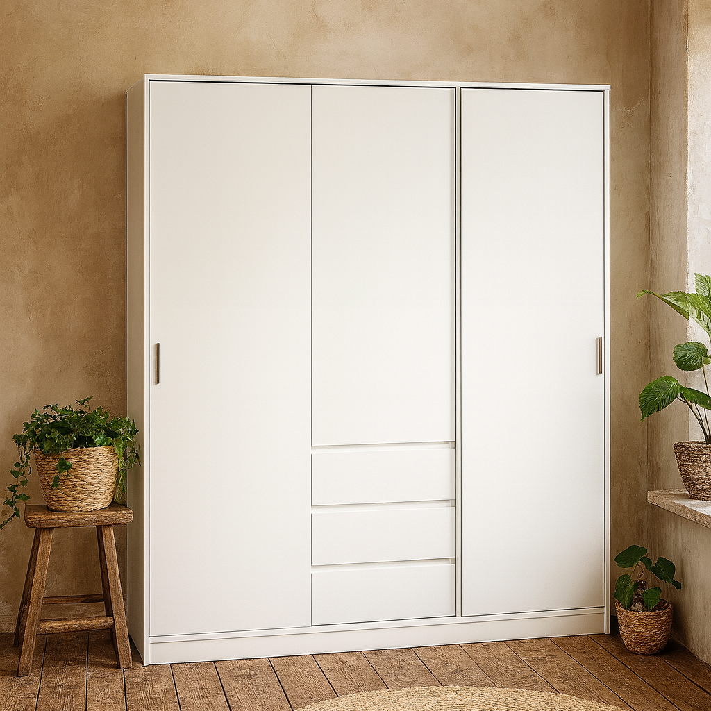 Budapest White Wooden Wardrobe 3 Doors 3 Drawers