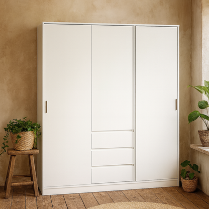 Budapest White Wooden Wardrobe 3 Doors 3 Drawers