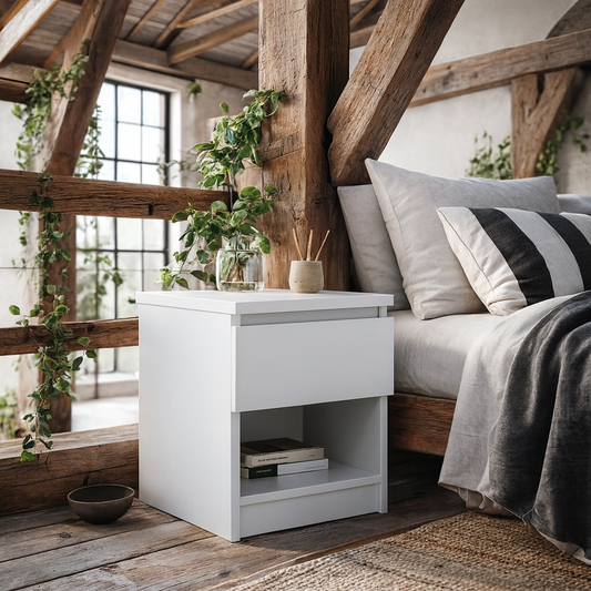 Budapest White Wooden Bedside Table 1 Drawer 1 Shelf