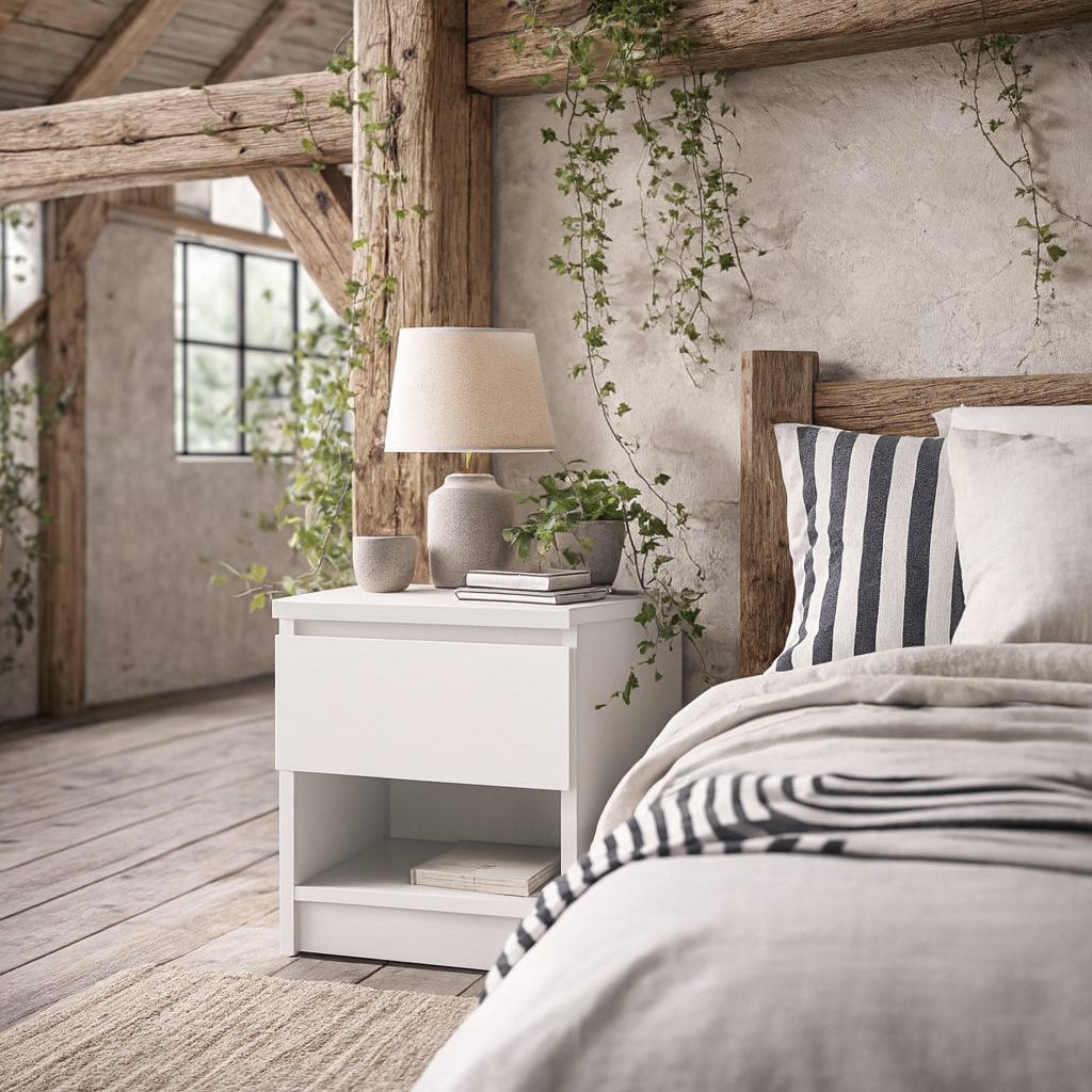 Budapest White Wooden Bedside Table 1 Drawer 1 Shelf