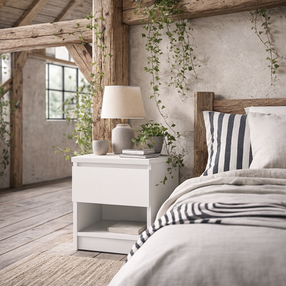 Budapest White Wooden Bedside Table 1 Drawer 1 Shelf