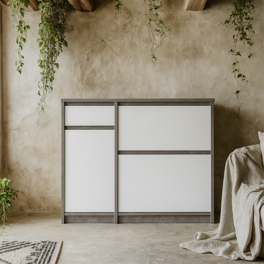 Budapest Concrete Effect and White Wooden Shoe Cabinet 3 Doors 1 Drawer