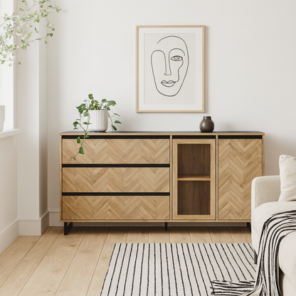 Hanover Natural Oak Effect Wood Sideboard 2 Doors 3 Drawers Chevron Design