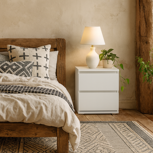 Budapest White Wood Bedside Table 2 Drawers