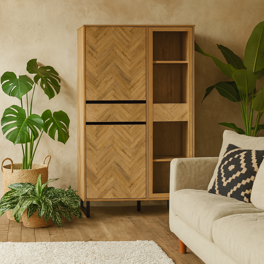 Hanover Natural Oak Effect Wood Cabinet 2 Doors 1 Drawer 8 Shelves Chevron Design