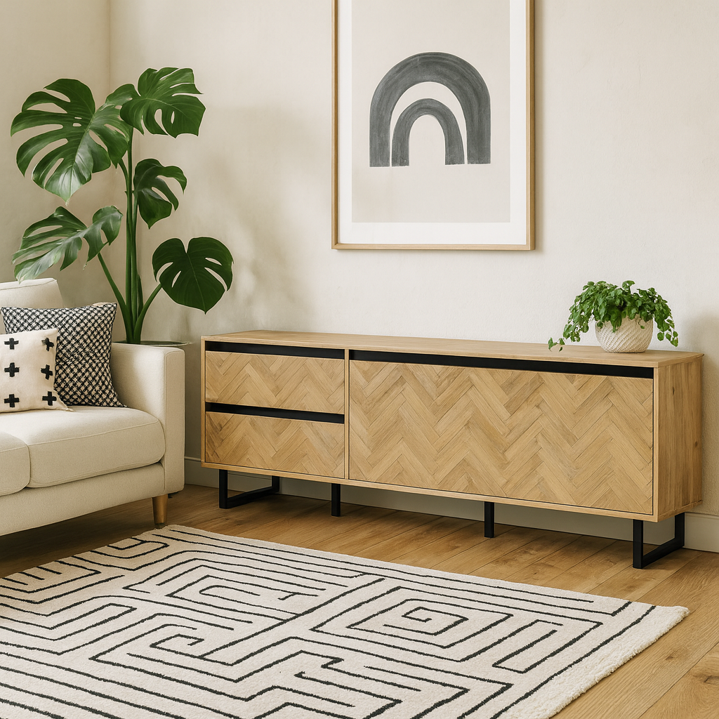 Hanover Natural Oak Effect Wood TV Unit 1 Door 2 Drawers Chevron Design