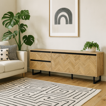 Hanover Natural Oak Effect Wood TV Unit 1 Door 2 Drawers Chevron Design