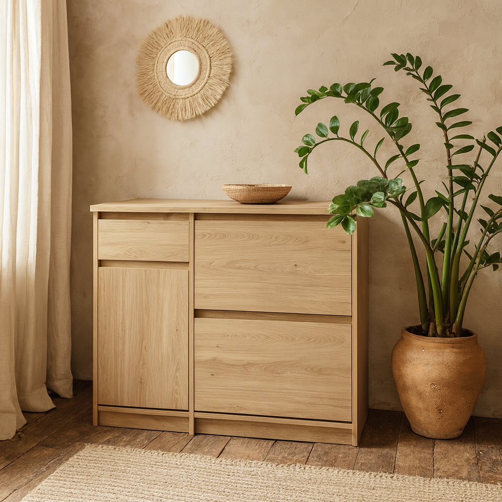 Budapest Natural Oak Effect Wood Shoe Cabinet 3 Doors 1 Drawer