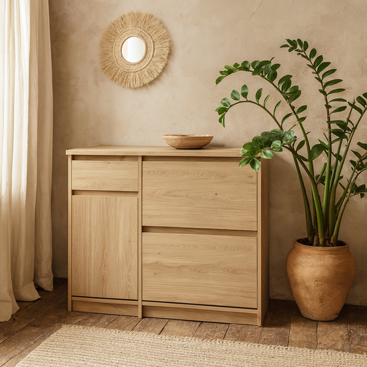 Budapest Natural Oak Effect Wood Shoe Cabinet 3 Doors 1 Drawer