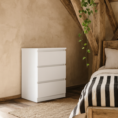 Budapest White Wooden Bedside Table 3 Drawers