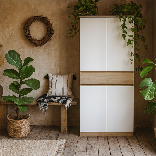 Budapest White and Natural Oak Effect Wood Shoe Cabinet 4 Doors 1 Drawers