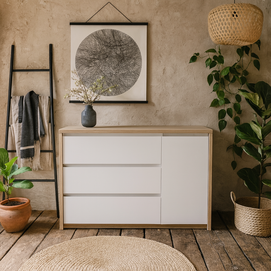 Salzburg White and Natural Oak Effect Sideboard 1 Door 3 Drawers