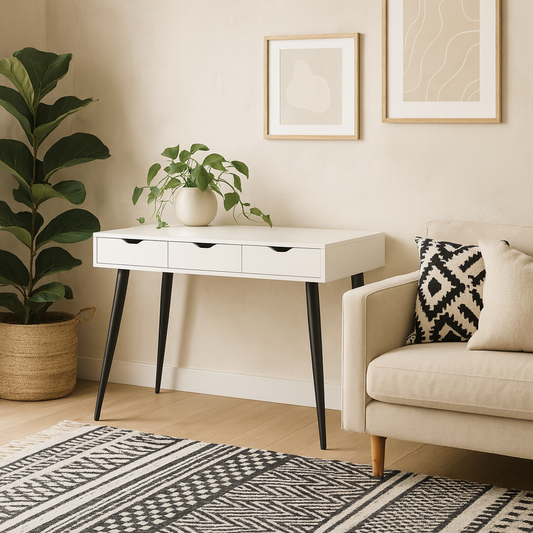 Dresden White Wooden Office Desk 3 Drawers Black Legs