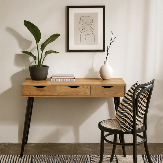 Dresden Natural Oak Effect Wood Office Desk 3 Drawers Black Legs