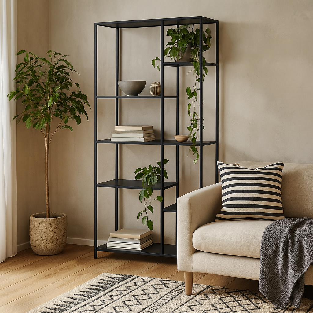 Graz Matt Black Metal Asymmetrical Bookcase 6 Shelves