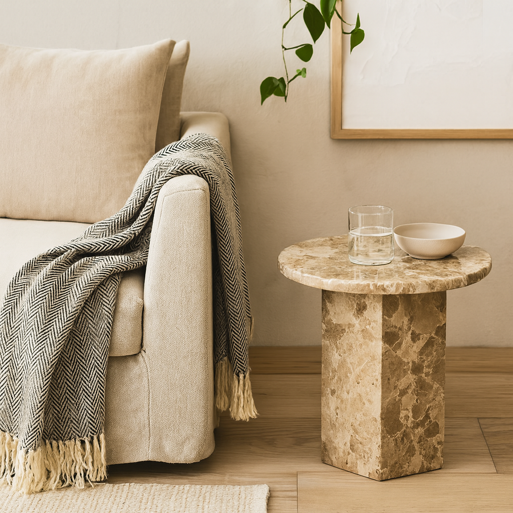 Bremen Brown Marble Round Side Table Hexagon Base