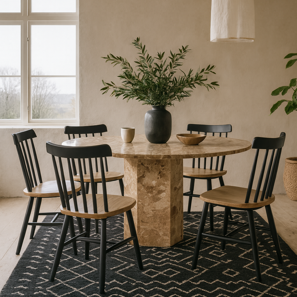 Bremen Brown Marble Round Dining Table Hexagon Base