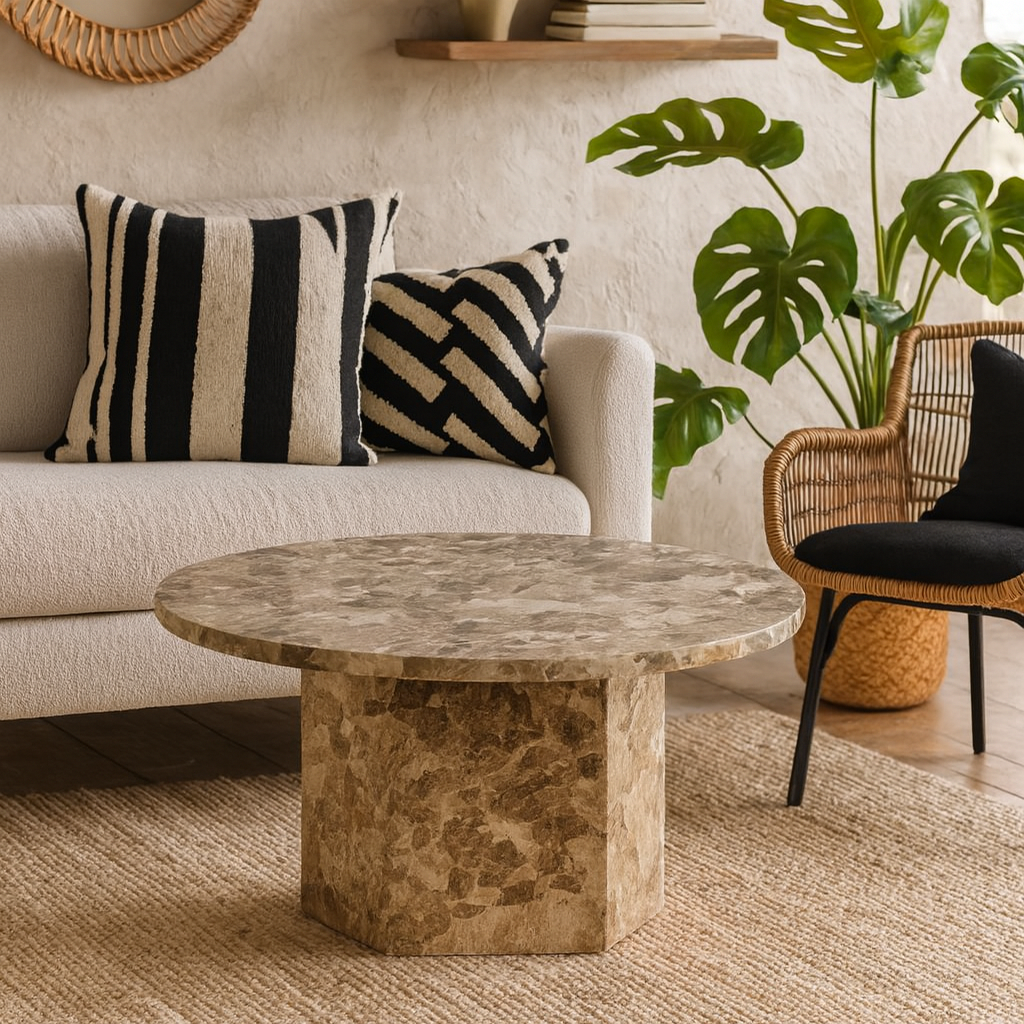 Bremen Brown Marble Round Coffee Table Hexagon Base