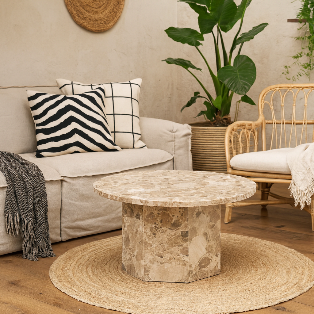 Bremen Brown Marble Round Coffee Table Hexagon Base