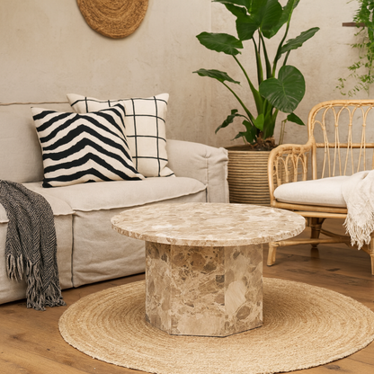 Bremen Brown Marble Round Coffee Table Hexagon Base