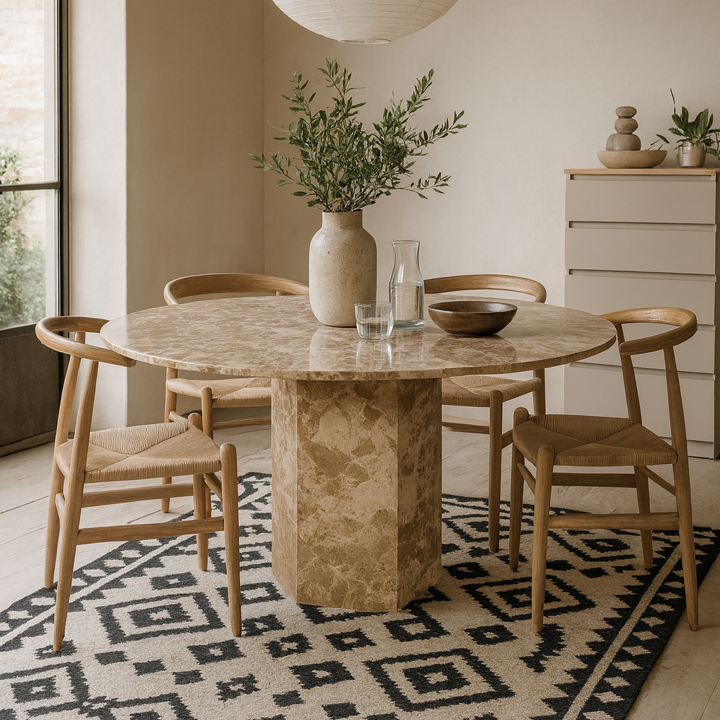 Bremen Brown Marble Round Dining Table Hexagon Base