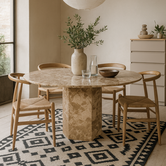 Bremen Brown Marble Round Dining Table Hexagon Base