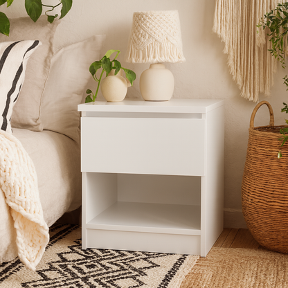 Budapest White Wooden Bedside Table 1 Drawer 1 Shelf