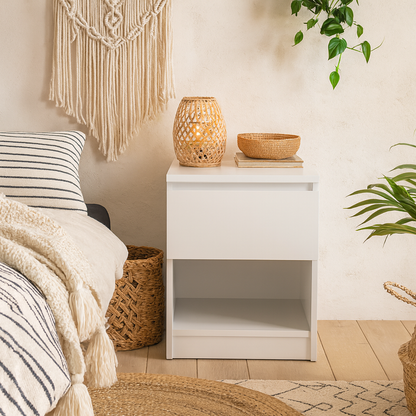 Budapest White Wooden Bedside Table 1 Drawer 1 Shelf