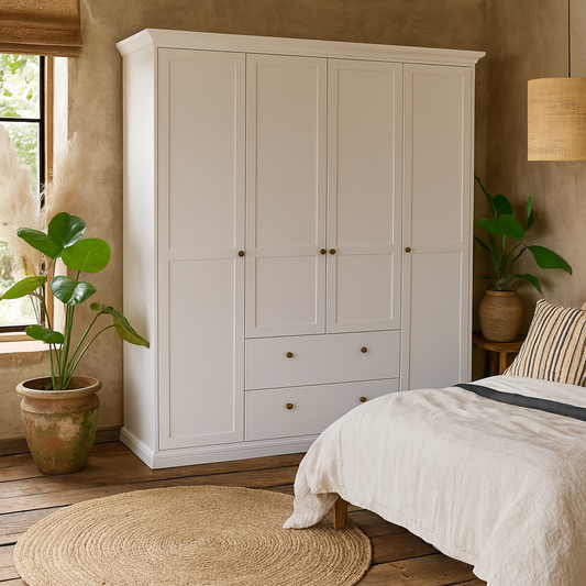 Osaka Farmhouse White Wooden Wardrobe 4 Doors 2 Drawers