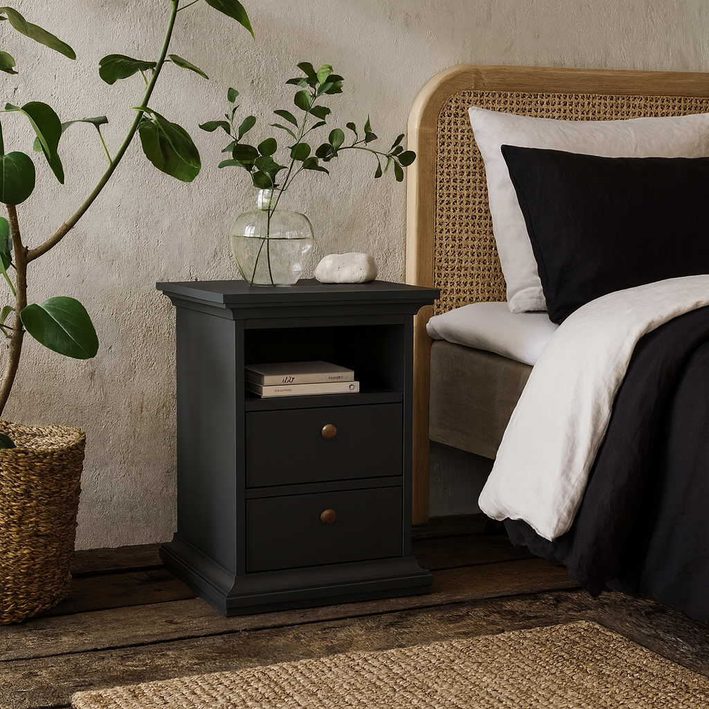 Osaka Farmhouse Dark Grey Wooden Bedside Table 2 Drawers