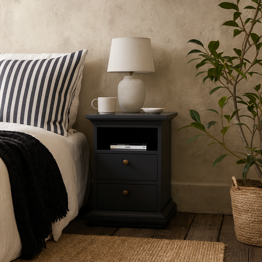 Osaka Farmhouse Dark Grey Wooden Bedside Table 2 Drawers