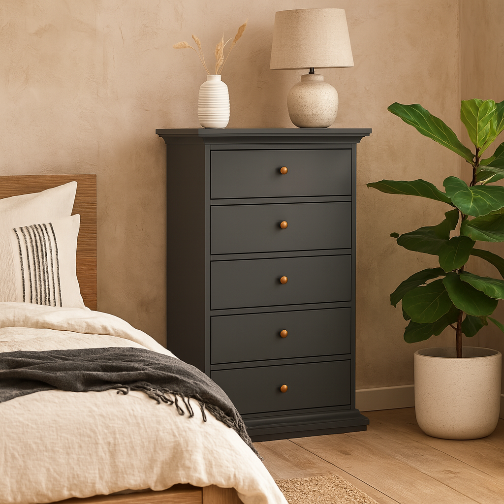 Osaka Tall Dark Farmhouse Grey Wooden Chest 5 Drawers